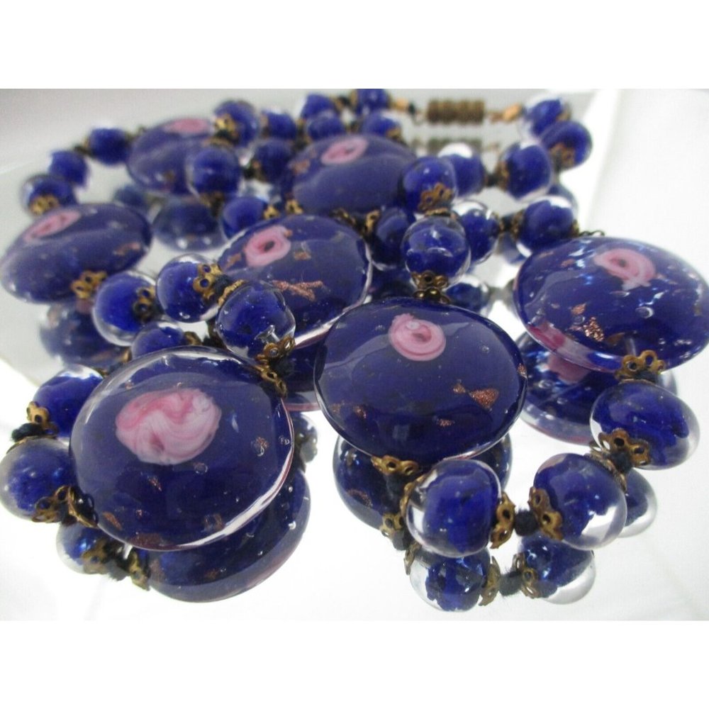 Vintage Murano Blue Cobalt Pink Rose Gold Venetian Art Glass Knotted Necklace